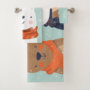 Custom name Winter Animals towel set