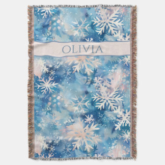 Custom Name, Winter Blue Watercolor Snowflakes Throw Blanket