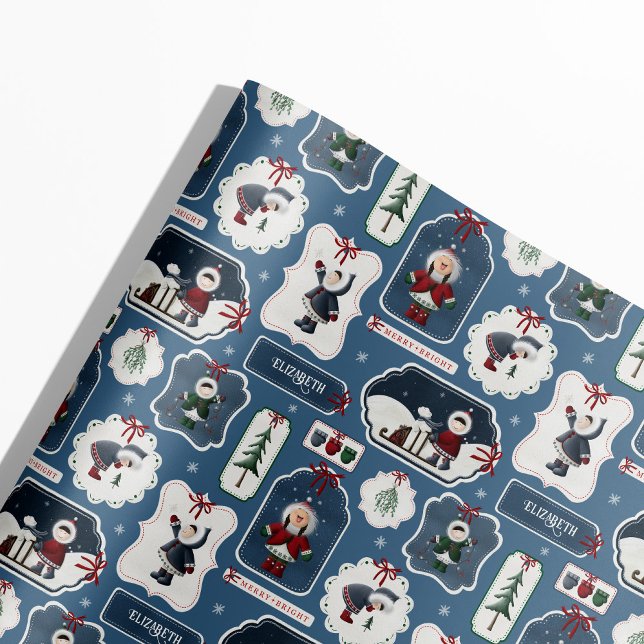 Custom Name Winter Friends Blue Wrapping Paper (Creator Uploaded)