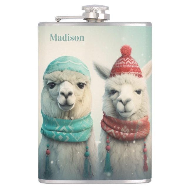 Custom Name Winter Llamas Hip Flask (Front)