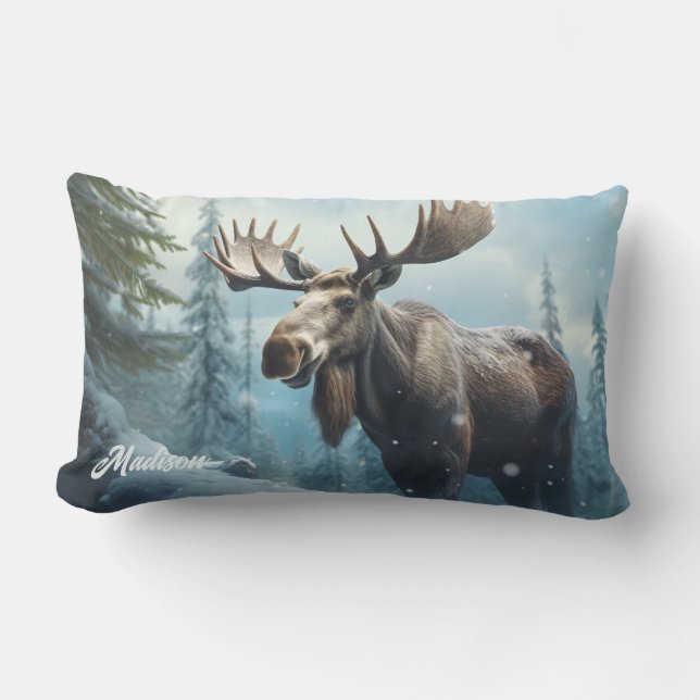 Custom Name Winter Moose Lumbar Cushion (Front)