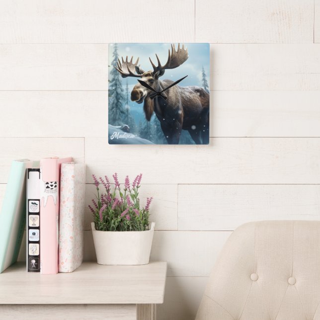 Custom Name Winter Moose Square Wall Clock (Reading Room)