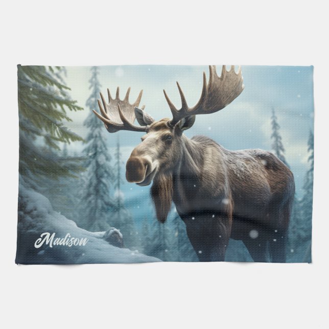 Custom Name Winter Moose Tea Towel (Horizontal)