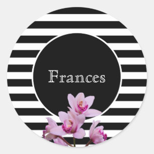 Custom Name with Black & White Stripes and Orchids Classic Round Sticker