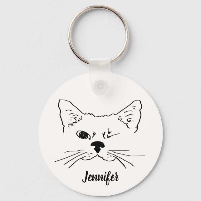 Custom Name with Cute Winking Cat Key Ring (Front)