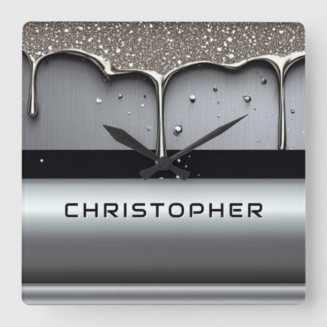 Custom Name With Dripping Liquid Metal Square Wall Clock (Front)