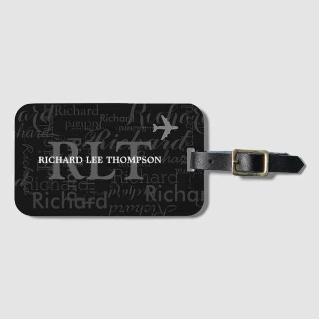 custom name with initials personalised black luggage tag (Front Horizontal)