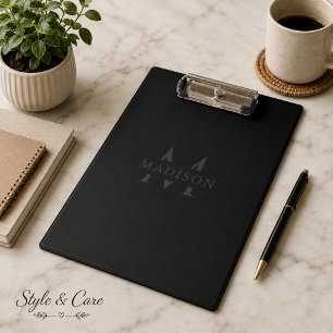 Custom Name with Monogram Black Professional Clipboard