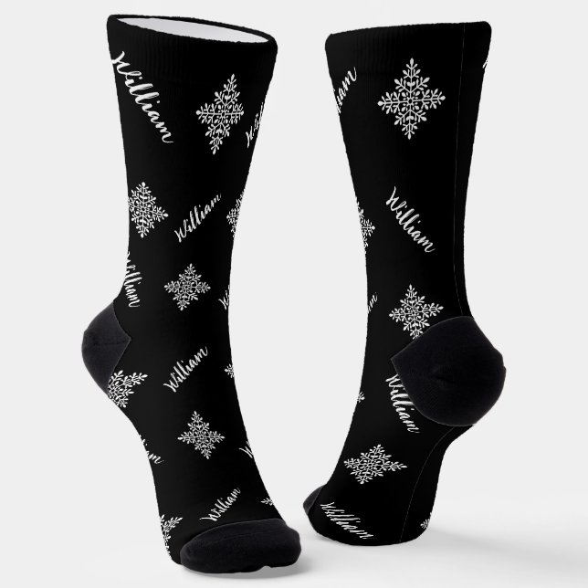 Custom Name With Snowflakes Pattern Black & White Socks (Angled)