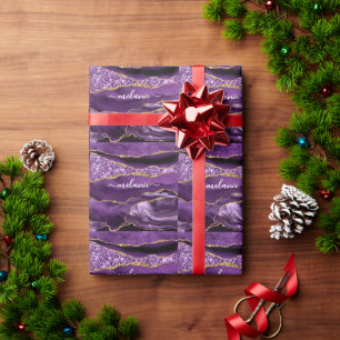 Custom Name Wrapping Paper Purple Gold Glitter