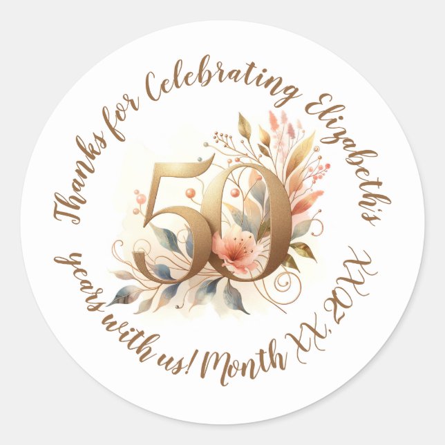 Custom Name & Year 50th Birthday Celebration  Classic Round Sticker (Front)
