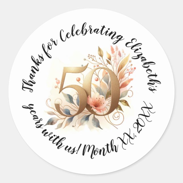 Custom Name & Year 50th Birthday Celebration  Classic Round Sticker (Front)