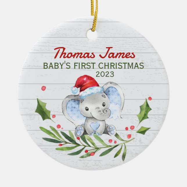 Custom Name Year Baby's First Christmas Elephant Ceramic Ornament (Front)