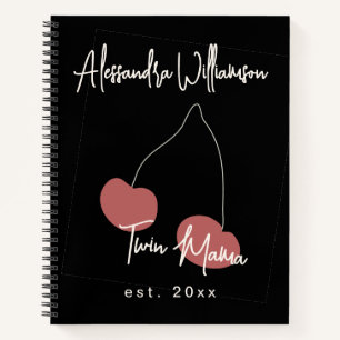 Custom Name Year Cute Twin Mama Black Red Cherry Notebook