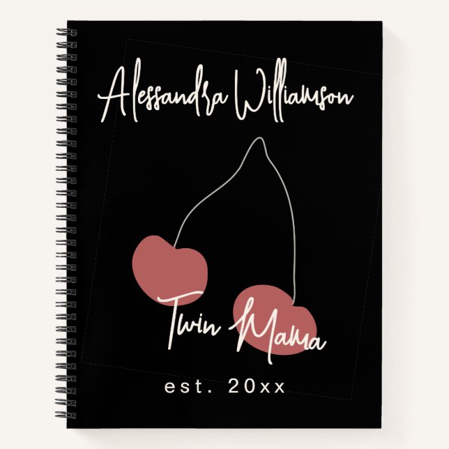 Custom Name Year Cute Twin Mama Black Red Cherry  Notebook (Front)