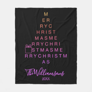 Custom Name Year Modern Merry Christmas Black Pink Fleece Blanket
