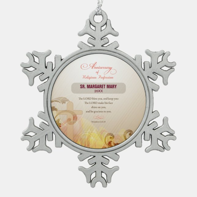 Custom Name & Year Nun, 60th Anniversary Religious Snowflake Pewter Christmas Ornament (Front)