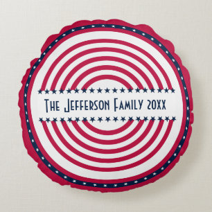 Custom Name Year Stars n Stripes Red White n Blue Round Cushion