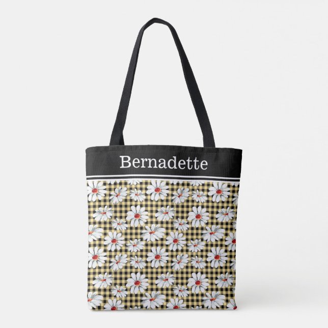 Custom Name Yellow Black Gingham White Daisy Tote Bag (Back)