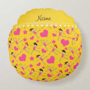 Custom name yellow girl gymnasts hearts stars round cushion