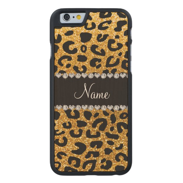 Custom name yellow glitter cheetah print carved wood iPhone case (Back)
