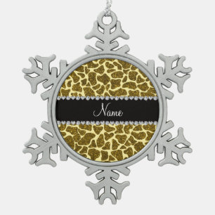 Custom name yellow glitter giraffe snowflake pewter christmas ornament