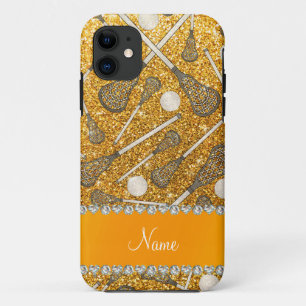 Custom name yellow glitter lacrosse sticks iPhone 11 case