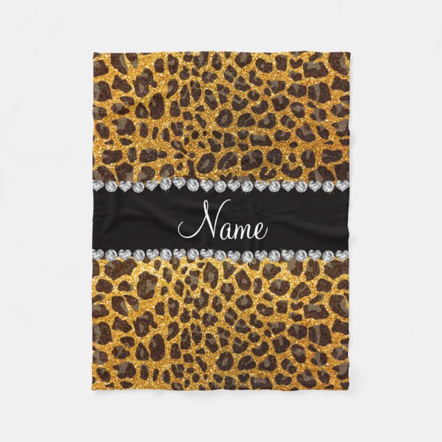 Custom name yellow glitter leopard print fleece blanket (Front)