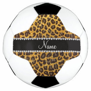 Custom name yellow glitter leopard print soccer ball