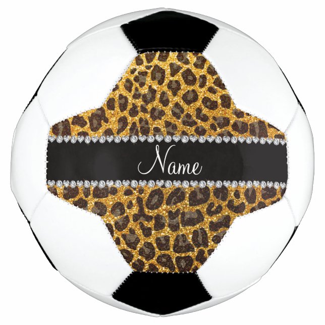 Custom name yellow glitter leopard print soccer ball (Front)