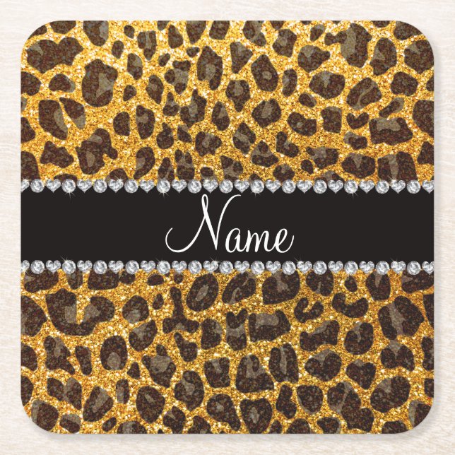 Custom name yellow glitter leopard print square paper coaster (Front)