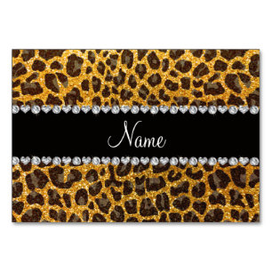 Custom name yellow glitter leopard print table number