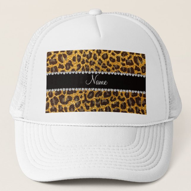 Custom name yellow glitter leopard print trucker hat (Front)