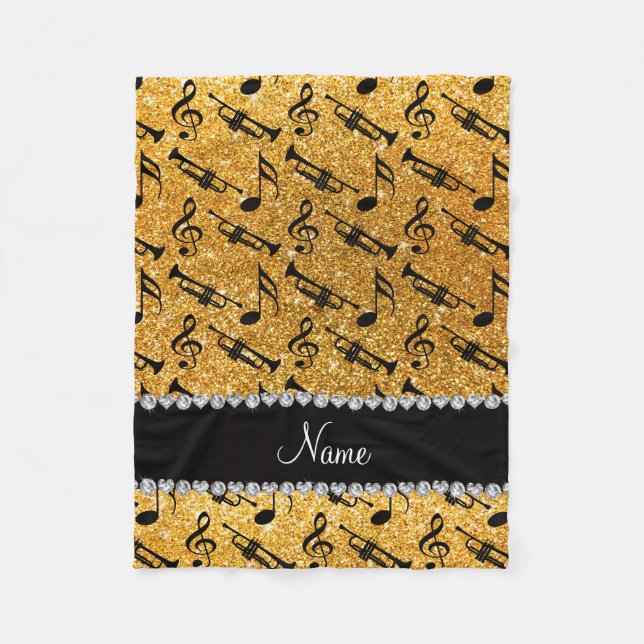 Custom name yellow glitter trumpets music notes fleece blanket (Front)