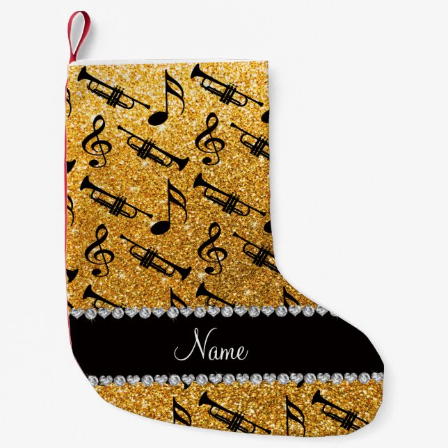 Custom name yellow glitter trumpets music notes small christmas stocking (Front)