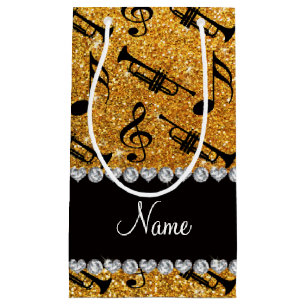 Custom name yellow glitter trumpets music notes small gift bag