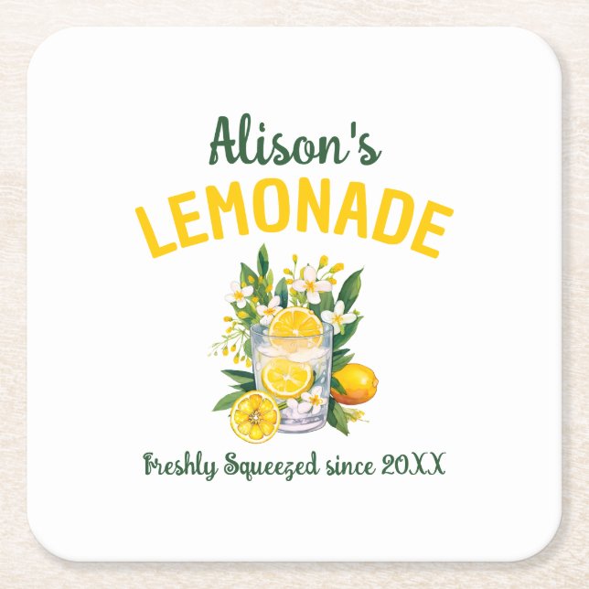 Custom Name Yellow Green Lemonade Summer Party Square Paper Coaster (Front)
