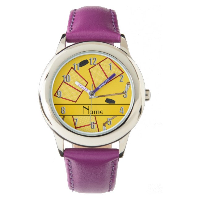 Custom name yellow hockey sticks pucks nets watch (Front)