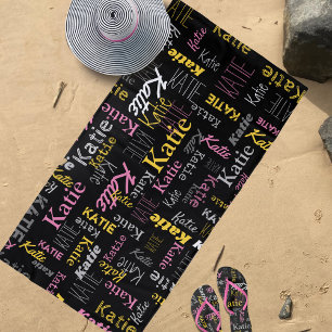 Custom name yellow pink grey black typographic beach towel