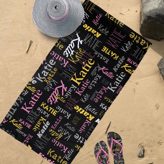 Custom name yellow pink grey black typographic beach towel (The matching flip flops are also available in store.)