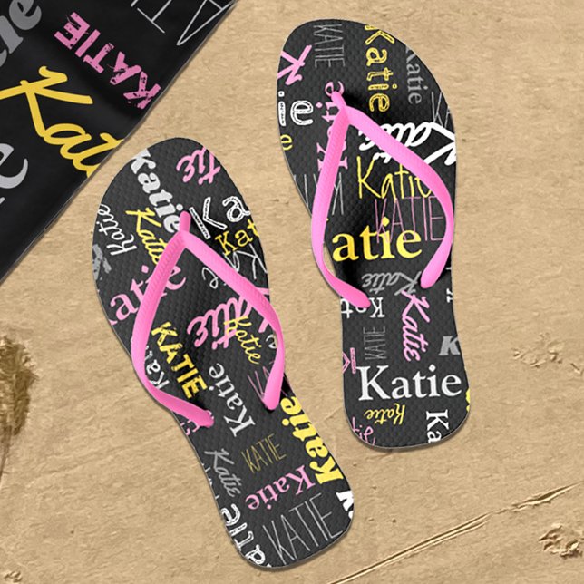 Custom name yellow pink grey black typographic thongs (Matching beach towel is also available )