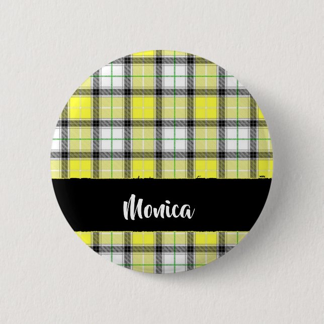 Custom name yellow plaid pattern 6 cm round badge (Front)