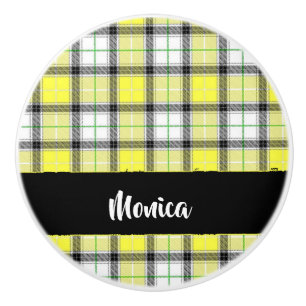 Custom name yellow plaid pattern ceramic knob