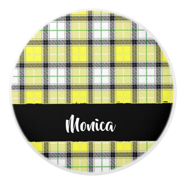 Custom name yellow plaid pattern ceramic knob (Front)
