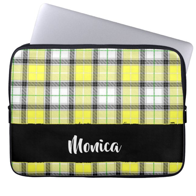 Custom name yellow plaid pattern laptop sleeve (Front)
