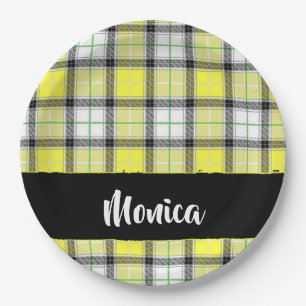 Custom name yellow plaid pattern paper plate