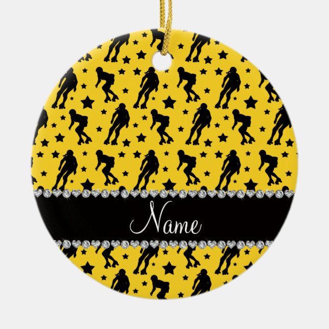 Custom name yellow roller derby stars ceramic tree decoration (Front)