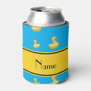 Custom name yellow stripe sky blue rubber duck can cooler