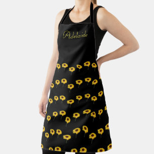 Custom name yellow sunflowers on black apron
