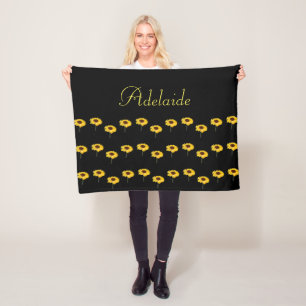 Custom name yellow sunflowers on black fleece blanket
